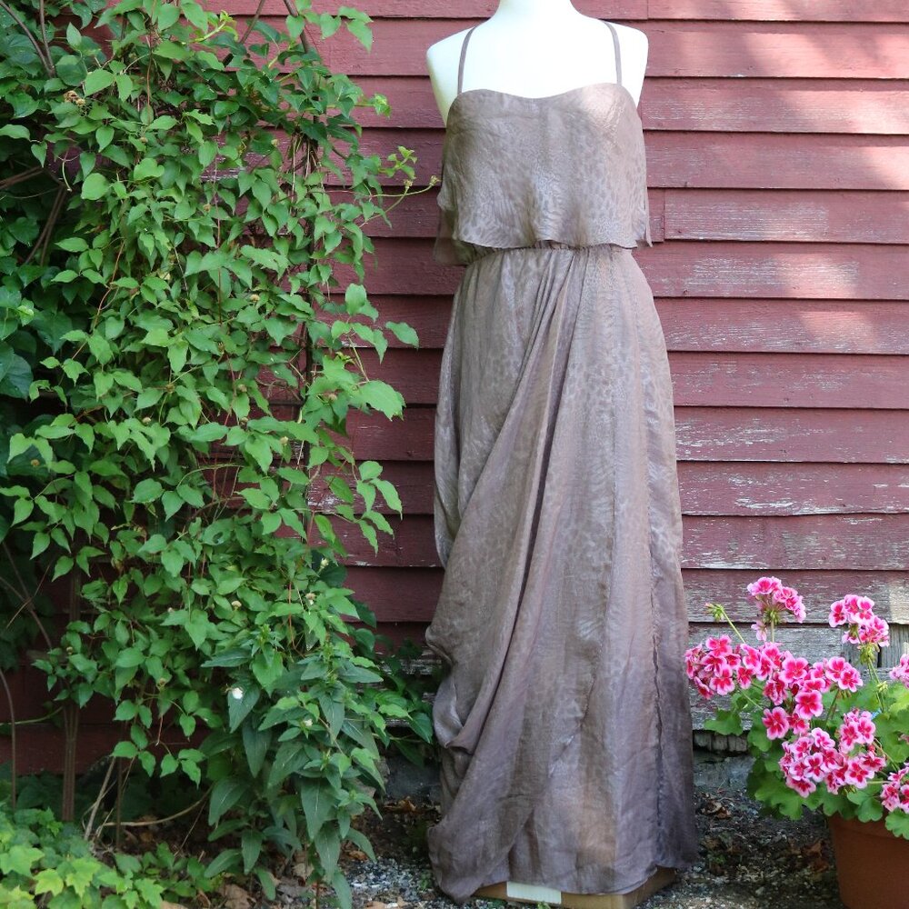 Bebe Mushroom Brown Subtle Animal Print Crisscross Back Draped Maxi Dress Sz LRG